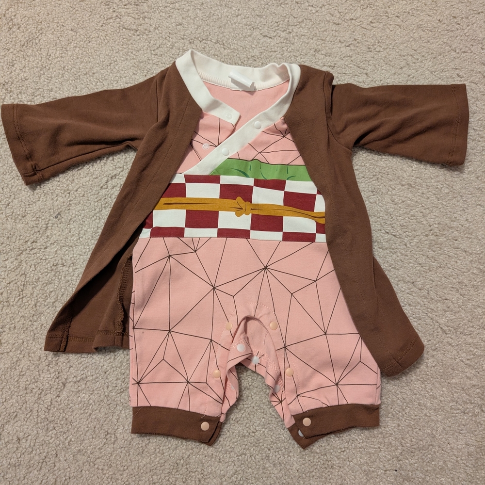 Demon Slayer Nezuko Brown and Pink Baby Onesie Romper, 0-3 Months